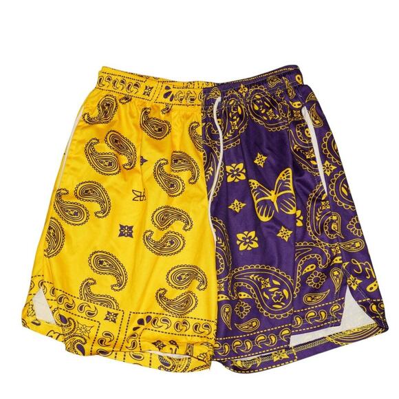 Lakers Colors Bandana Split Shorts Purple & Yellow Paisley Butterfly Streetwear - Picture 2 of 5